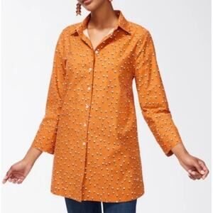 Chico's Size Small (0) US 4 Orange Button Up 3/4 Sleeves Cotton Plant Shirt